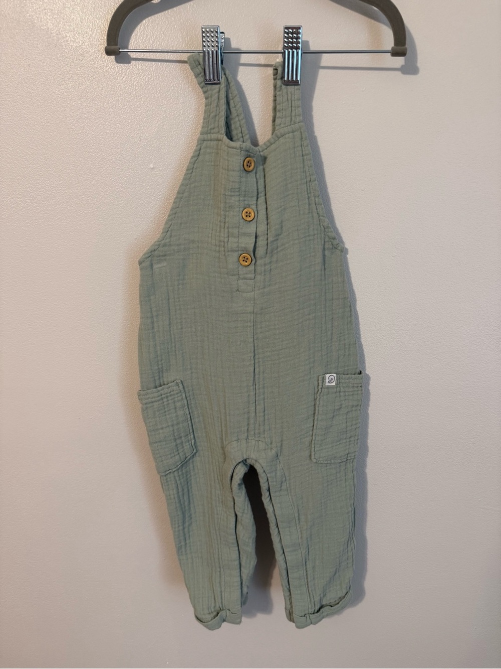 Baby/Toddler Sage Green Muslin Overalls with Front Pockets